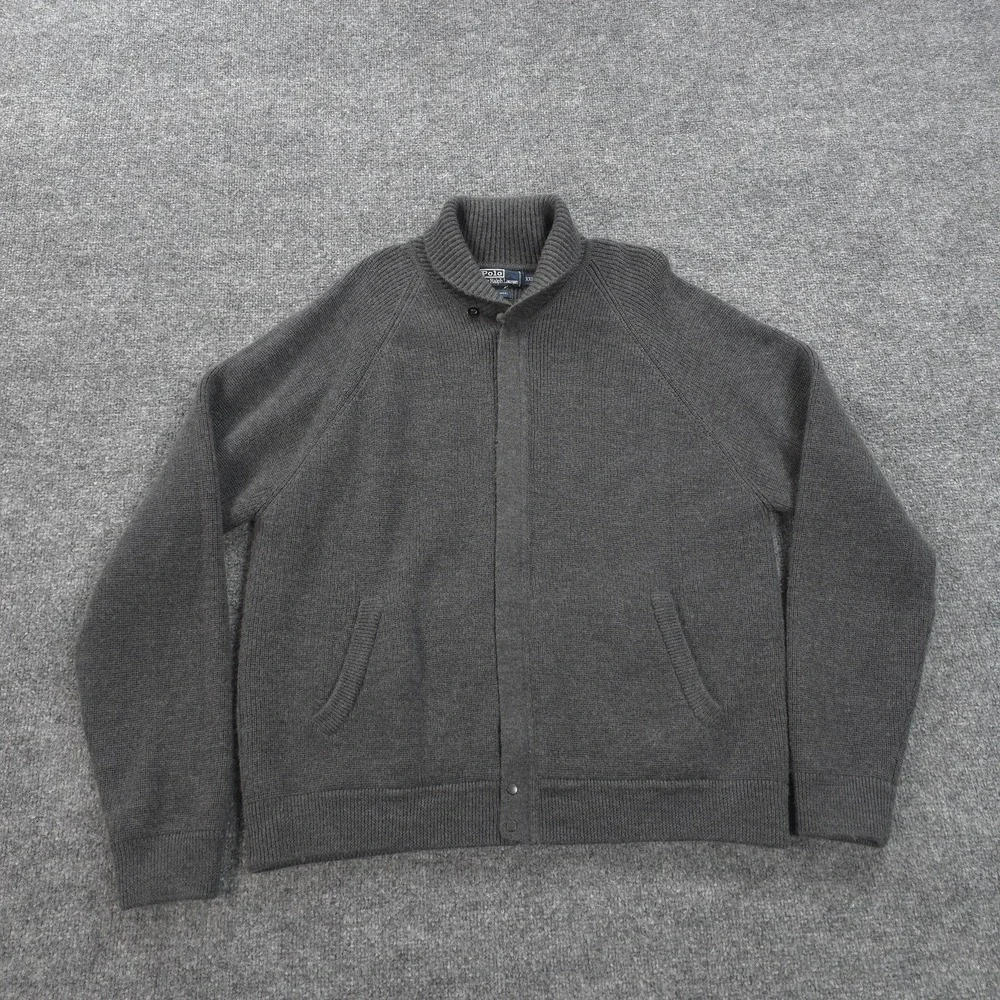 Vintage Polo Ralph Lauren Sweater Mens 2XL‎ Gray 100% Wool Full Zip Shawl Collar